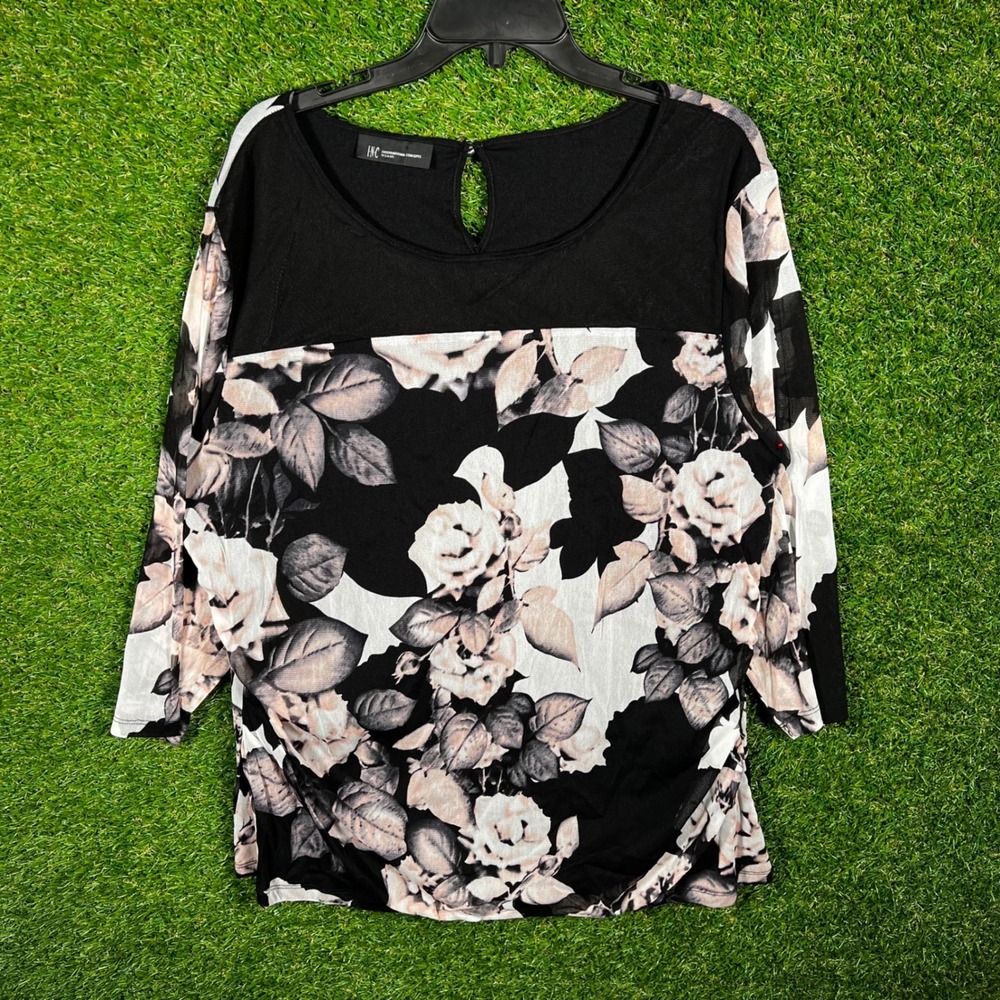INC International Concepts Woman Floral Mesh 3/4 Sleeve Blouse Black White 1X